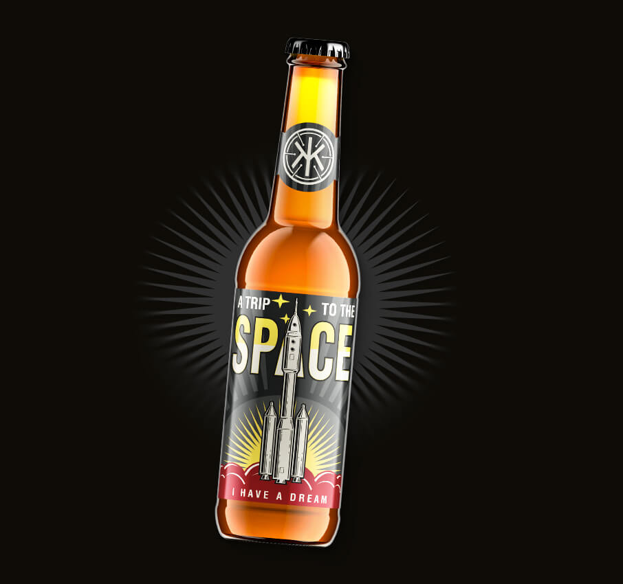 A bottle of ikkona trip to space craft beer on a dark background